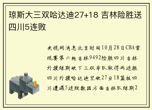琼斯大三双哈达迪27+18 吉林险胜送四川5连败